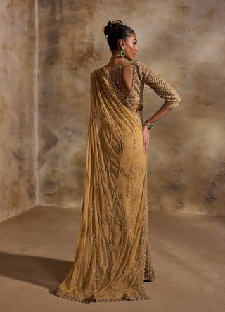 Gold net draped lehenga sari and blouse