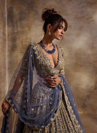 Blue gray net lehenga set