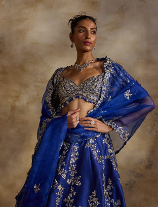Electric blue taffeta gota work lehenga set