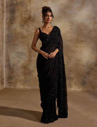 Black georgette tonal sequins sari set
