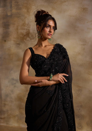 Black georgette tonal sequins sari set