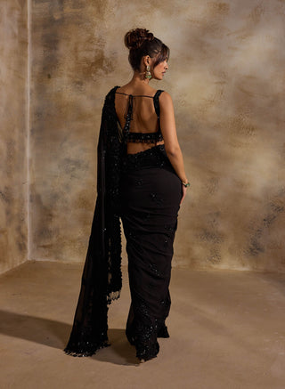 Black georgette tonal sequins sari set