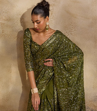 Olive green glamour sari set
