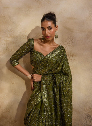 Olive green glamour sari set