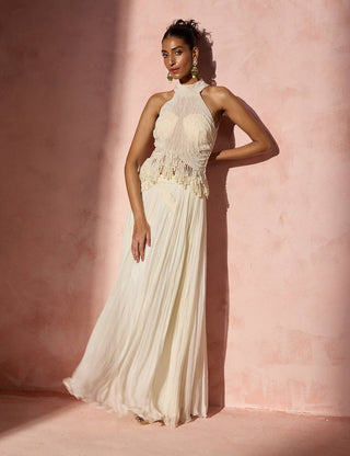 Ivory pleated skirt and halter set