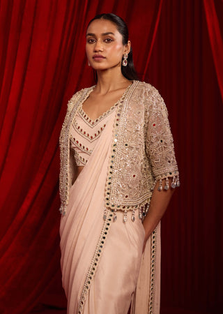Salmon pink meeras cape sari set