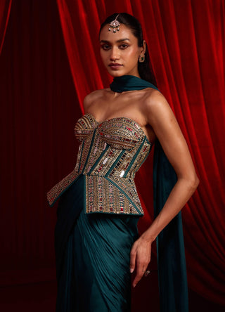 Turquoise haritah sanyoga sari set