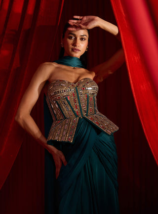 Turquoise haritah sanyoga sari set
