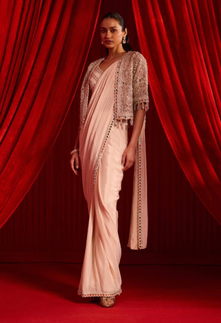 Salmon pink meeras cape sari set