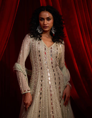 Sage green meeras anarkali and dupatta