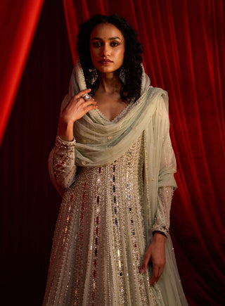 Sage green meeras anarkali and dupatta