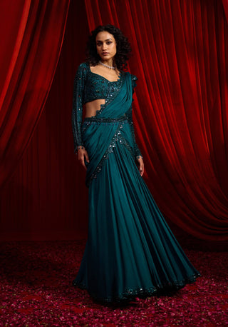 Turquoise haritah anvaya sari and blouse