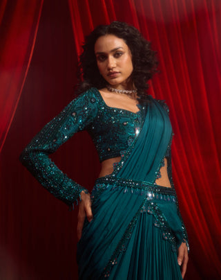 Turquoise haritah anvaya sari and blouse