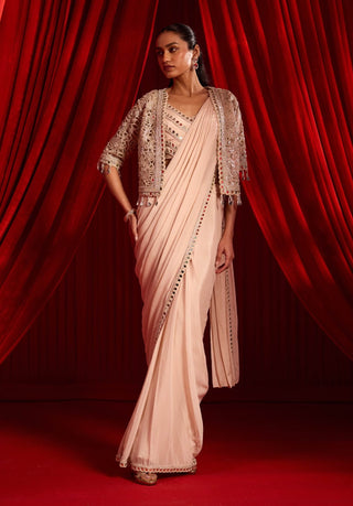 Salmon pink meeras cape sari set