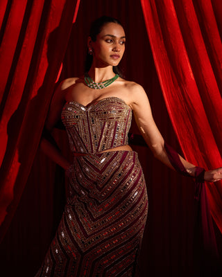 Wine darpan skirt and corset set