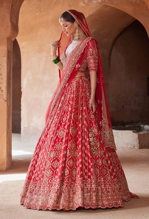 Vibrant red raw silk lehenga set