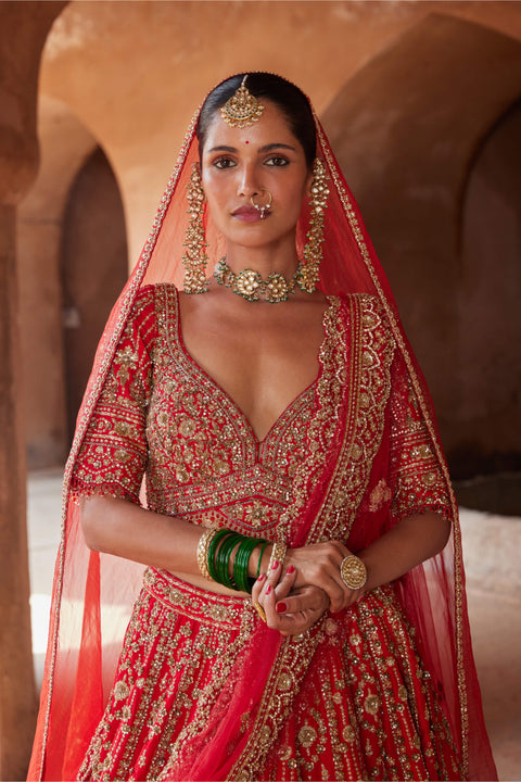 Vibrant red raw silk lehenga set