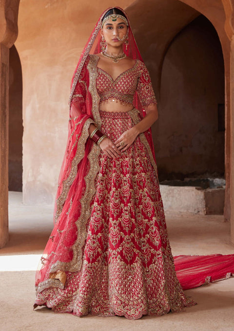 Buy Red Tussar Sweetheart Neck Embroidered Bridal Lehenga Set For Women by  Charu and Vasundhara Online at Aza Fashions.