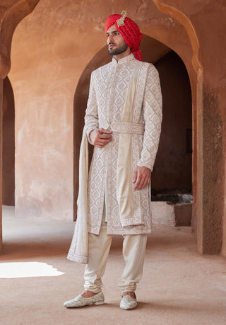 Nitika Gujral Men-Ivory Tafetta Sherwani Set-INDIASPOPUP.COM