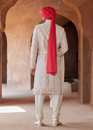 Nitika Gujral Men-Ivory Tafetta Sherwani Set-INDIASPOPUP.COM