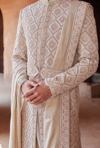 Nitika Gujral Men-Ivory Tafetta Sherwani Set-INDIASPOPUP.COM