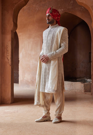 Nitika Gujral Men-Cream Embroidered Sherwani Set-INDIASPOPUP.COM