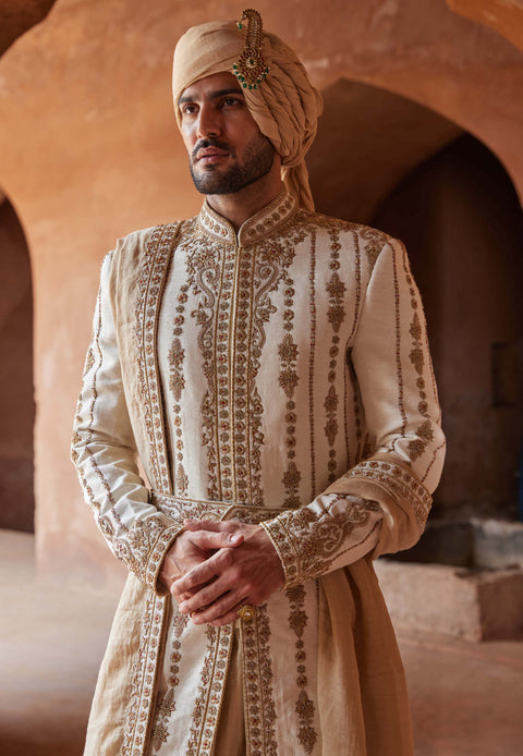 Ivory matka silk embroidered sherwani set