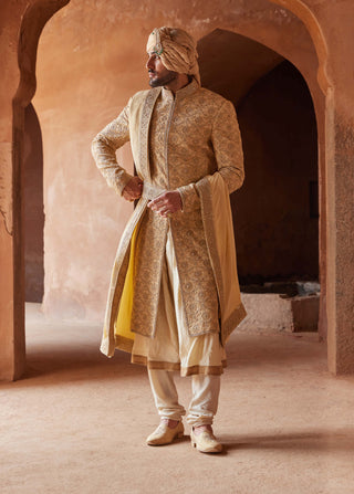 Nitika Gujral Men-Gold Raw Silk Embroidered Sherwani Set-INDIASPOPUP.COM