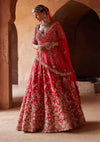 Crimson red raw silk lehenga choli set