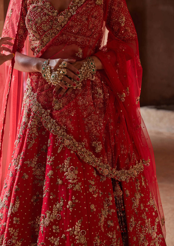 Crimson red raw silk lehenga choli set