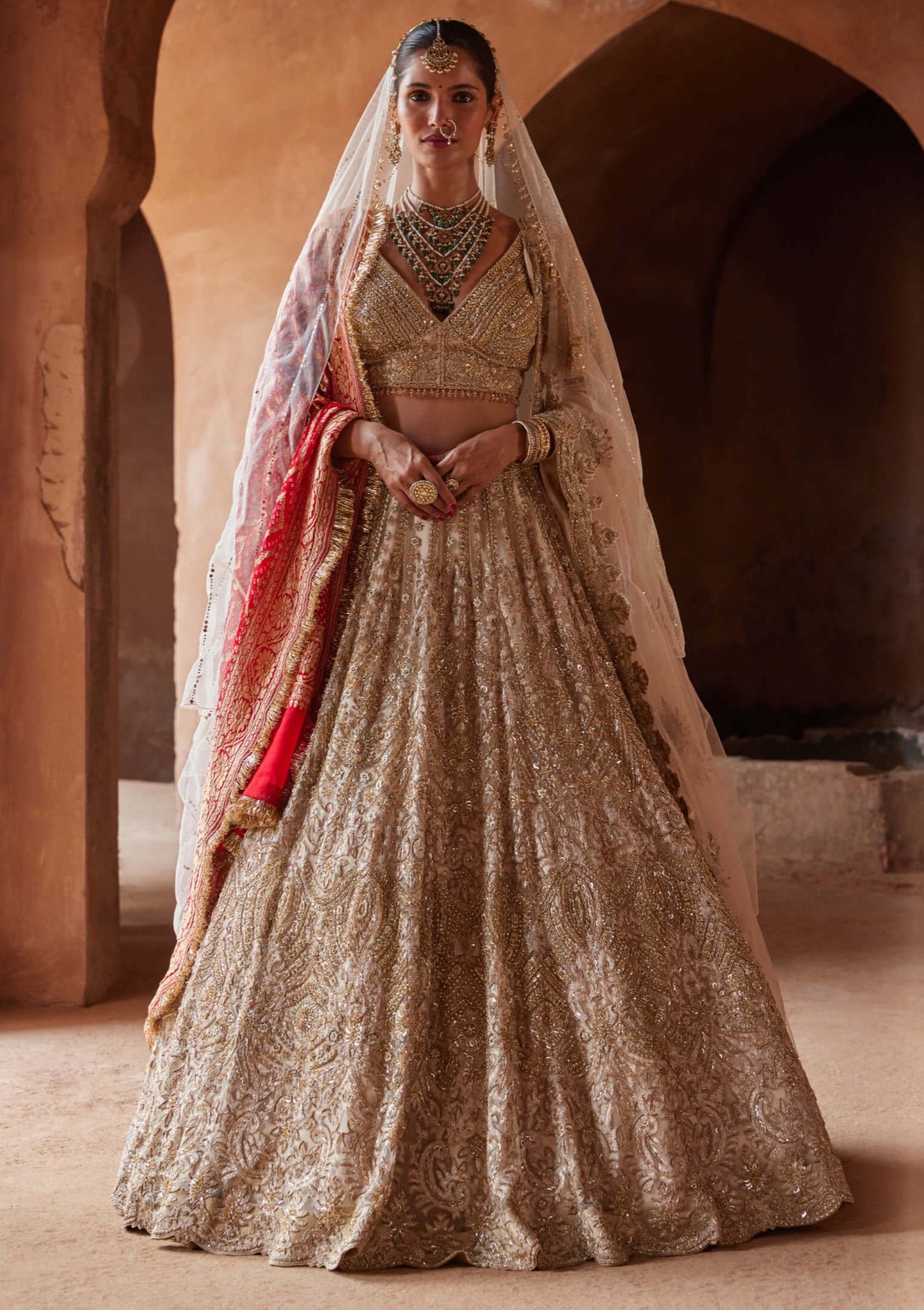 Golden Colour Bridal Lehenga Golden Goddess Chikoo Color Wedding