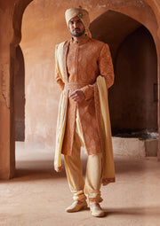 Rust matka silk embroidered sherwani set