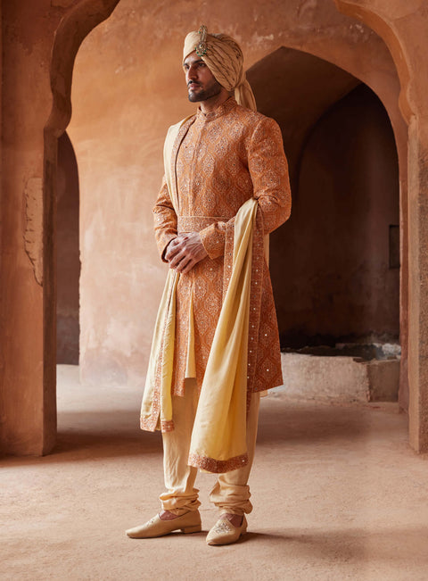 Rust matka silk embroidered sherwani set