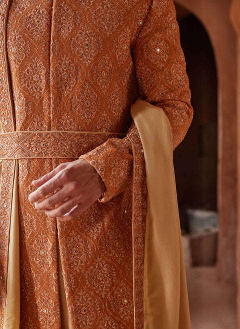 Rust matka silk embroidered sherwani set