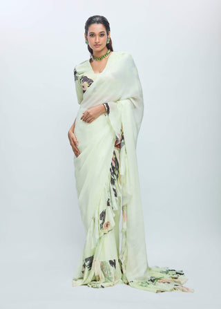 Cool Matcha Embroidered Ruffle Sari And Blouse by Nirmooha available on Indiaspopup.com