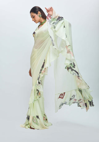 Cool Matcha Embroidered Ruffle Sari And Blouse by Nirmooha available on Indiaspopup.com