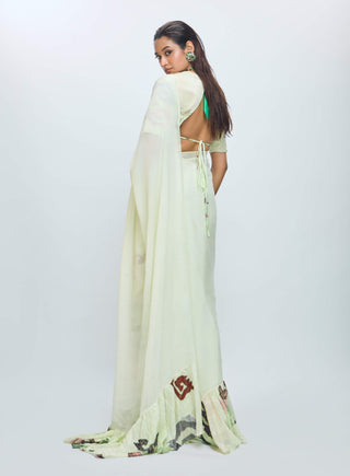 Cool Matcha Embroidered Ruffle Sari And Blouse by Nirmooha available on Indiaspopup.com