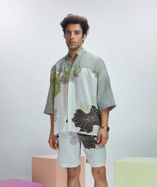 Glass Gray Linen Printed Shirt by Nirmooha Men available on Indiaspopup.com