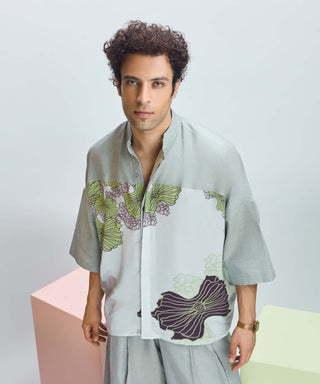 Glass Gray Linen Printed Shirt by Nirmooha Men available on Indiaspopup.com