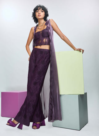 Deep Plum Organza Cape And Pant Set by Nirmooha available on Indiaspopup.com