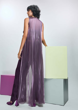 Deep Plum Organza Cape And Pant Set by Nirmooha available on Indiaspopup.com