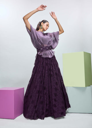 Deep Plum Cape, Bustier And Skirt Set by Nirmooha available on Indiaspopup.com