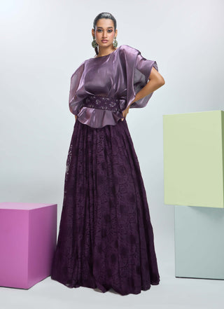 Deep Plum Cape, Bustier And Skirt Set by Nirmooha available on Indiaspopup.com