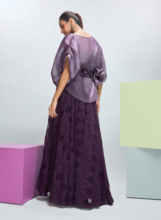 Deep Plum Cape, Bustier And Skirt Set by Nirmooha available on Indiaspopup.com