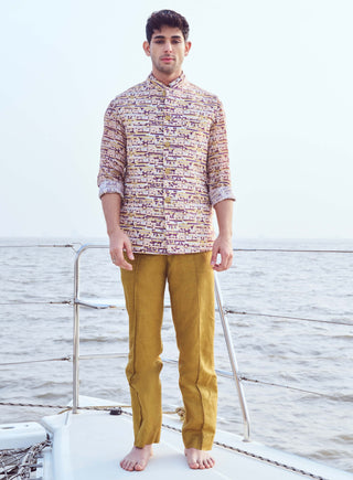 Peach Printed Bundi, Shirt And Straight Pants by Nirmooha Men available on Indiaspopup.com