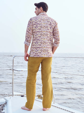 Peach Printed Bundi, Shirt And Straight Pants by Nirmooha Men available on Indiaspopup.com