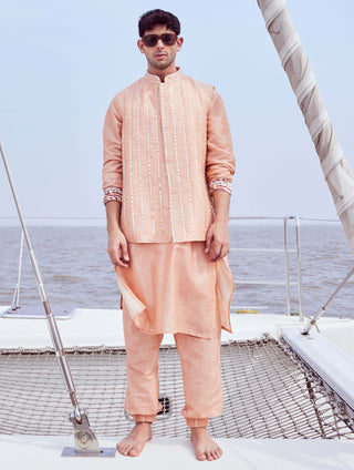 Peach Fuzz Bundi And Kurta Set by Nirmooha Men available on Indiaspopup.com