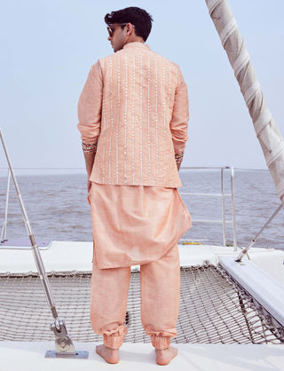 Peach Fuzz Bundi And Kurta Set by Nirmooha Men available on Indiaspopup.com