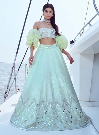 Matcha Green Lehenga Set by Nirmooha available on Indiaspopup.com