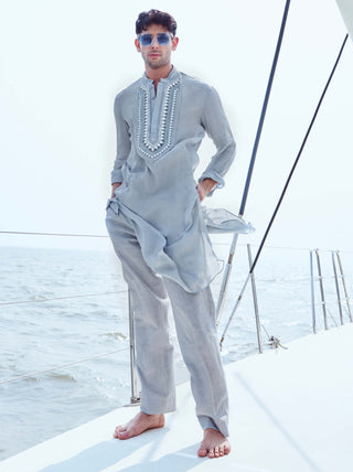 Gray Embroidered Yoke Kurta And Pants by Nirmooha Men available on Indiaspopup.com